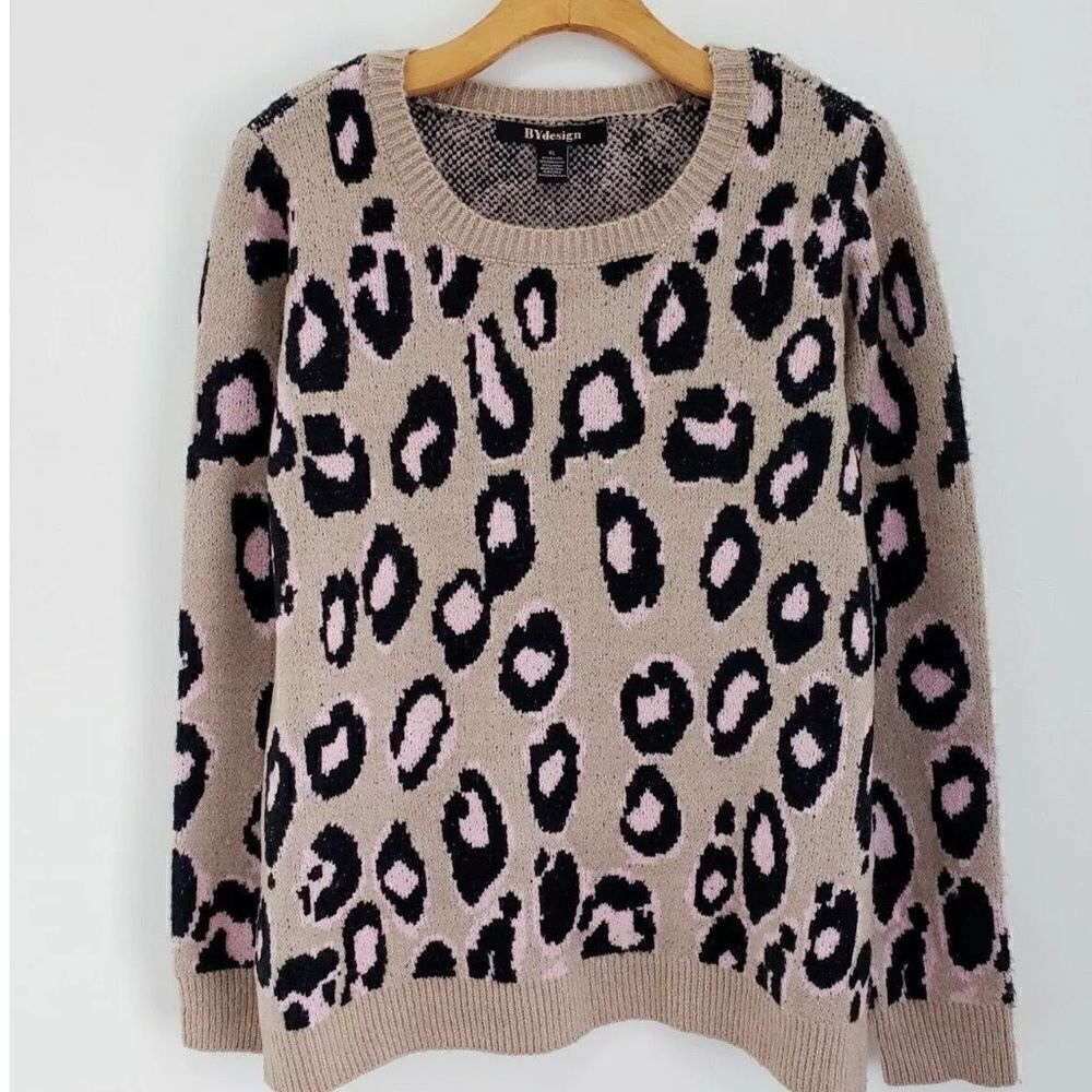By Design Leopard Print Ivory Rose Knit Crewneck Pullover Sweater